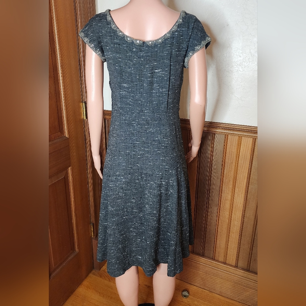 1950s Grey Silk Tweed Rhinestone Beaded Embellished Dress Large - Picture 7 of 9